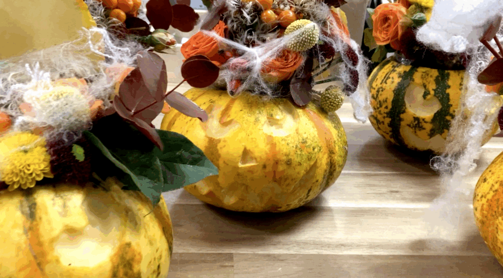 citrouille fleurie et maquillage halloween, atelier floral pom violette gex