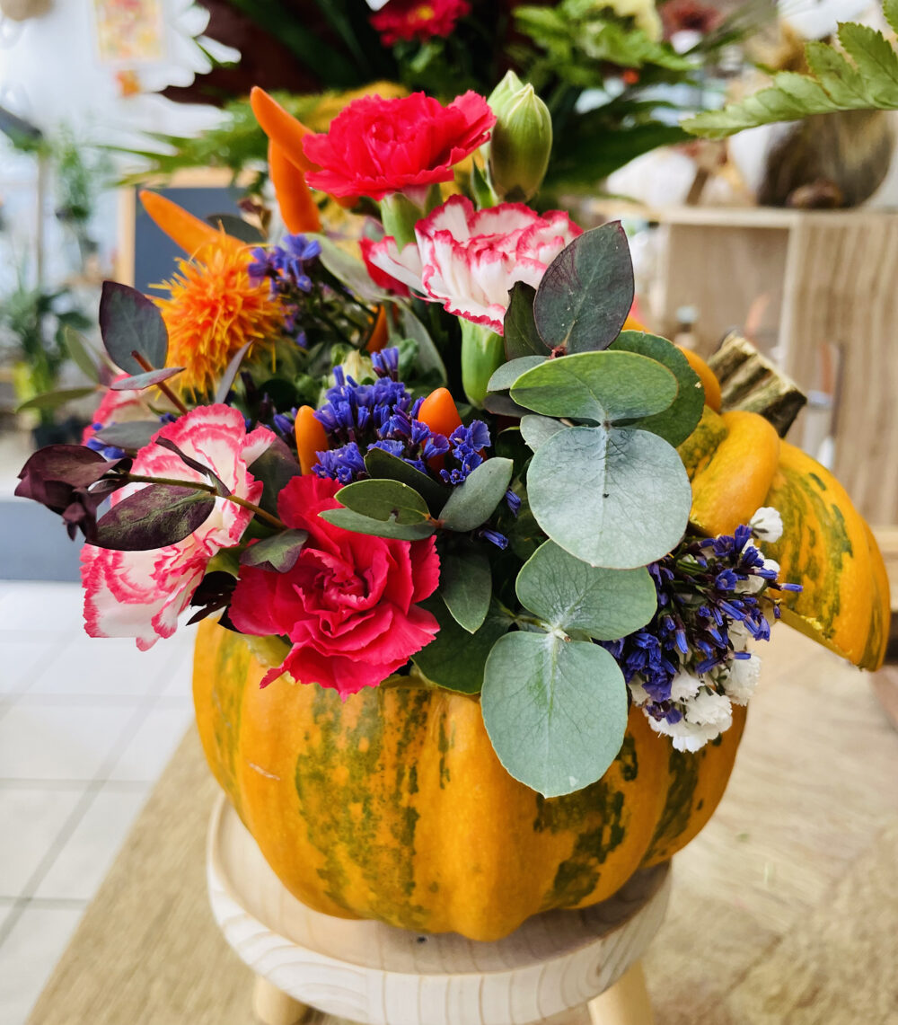 citrouille fleurie, atelier floral pom violette gex