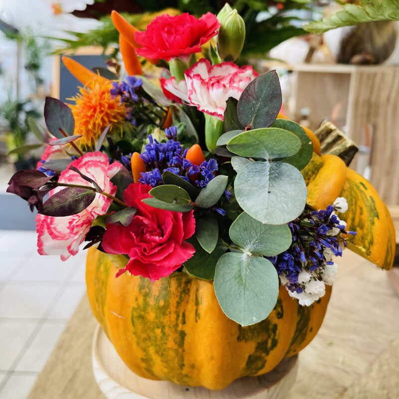 citrouille fleurie, atelier floral pom violette gex