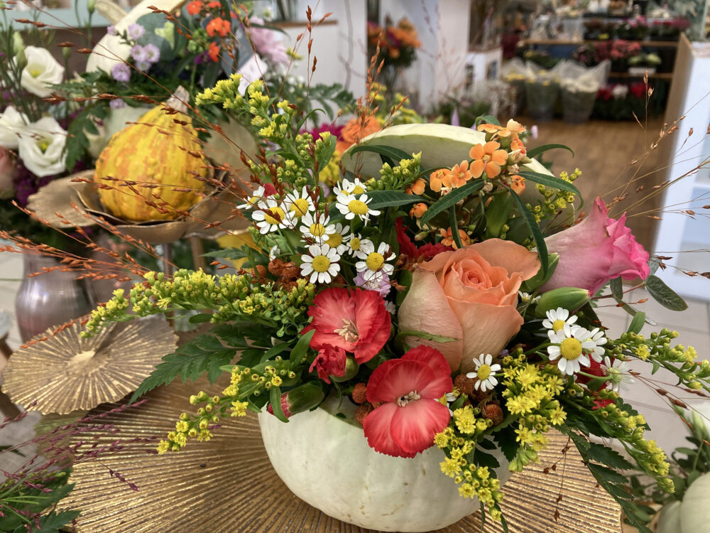 citrouille fleurie, atelier floral pom violette gex